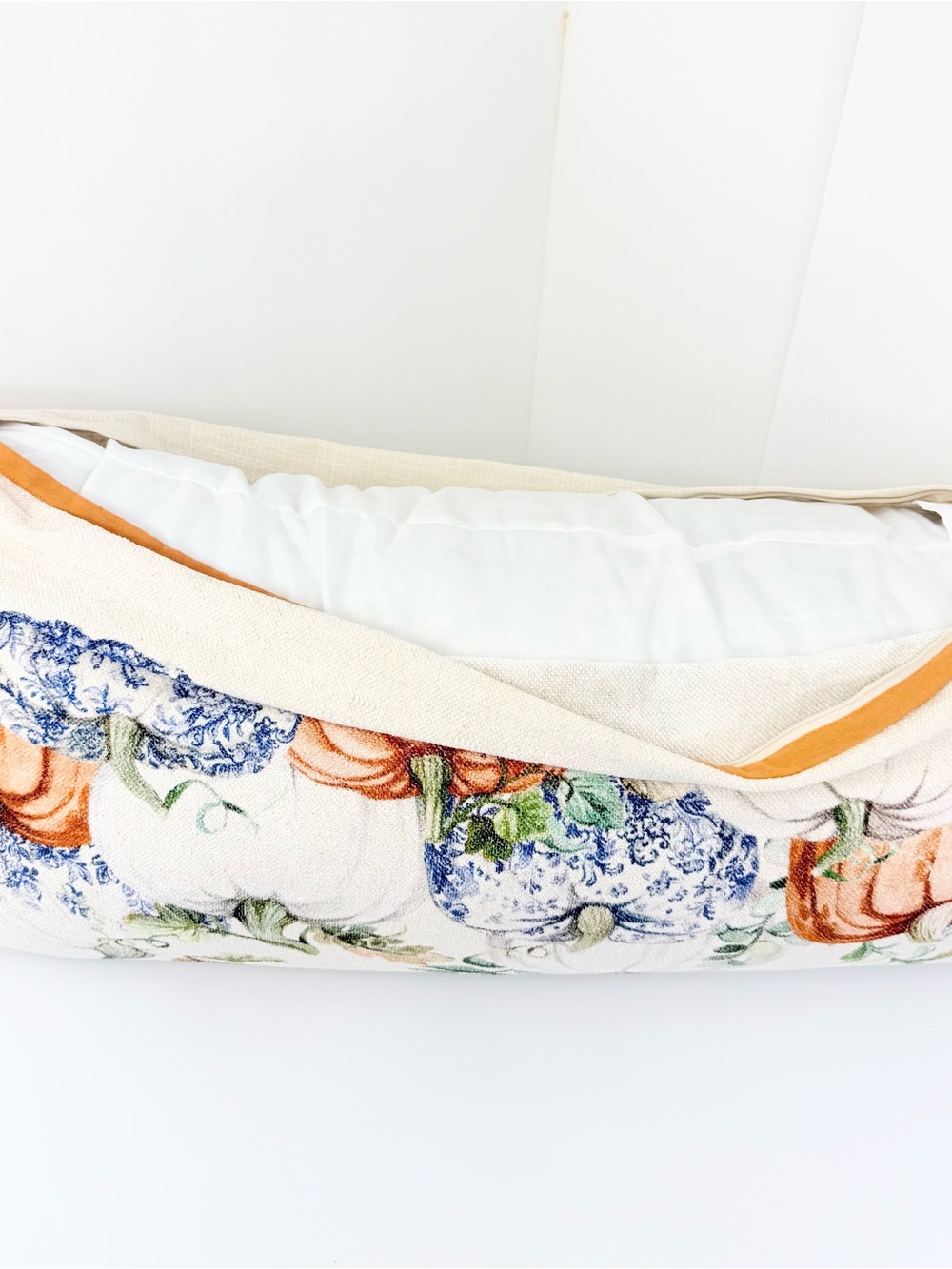 Artelier Nicole Miller Orange Cream Pumpkin Print Soft Woven Long Accent Pillow - Picture 8 of 12